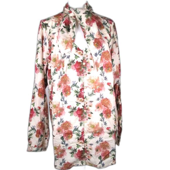 Tolani Julie Sand Floral Blouse Tie Detail Button Front Modal L (XL) (B2-113) - Picture 1 of 12